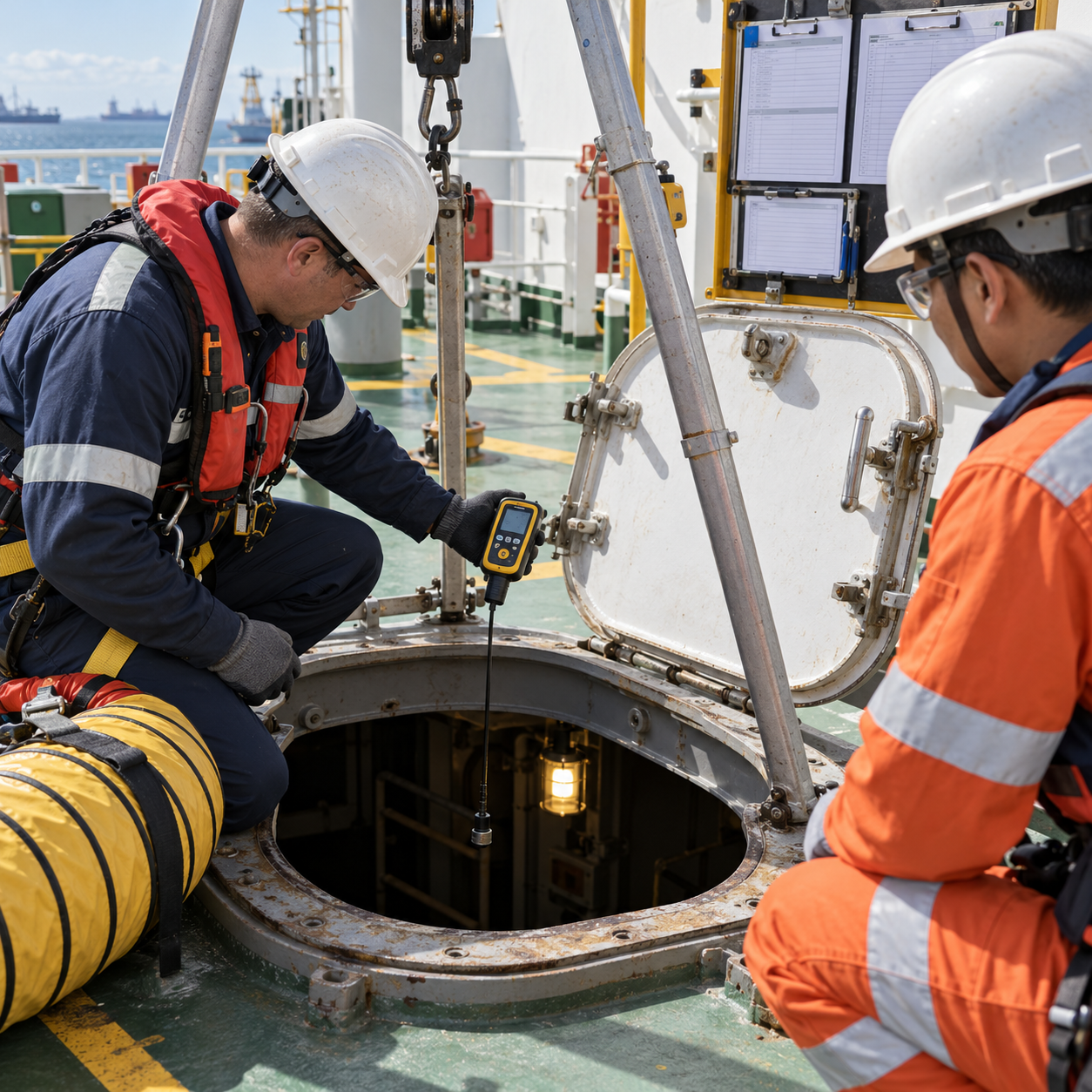 Instructor demonstrating gas testing at a shipboard confined space hatch