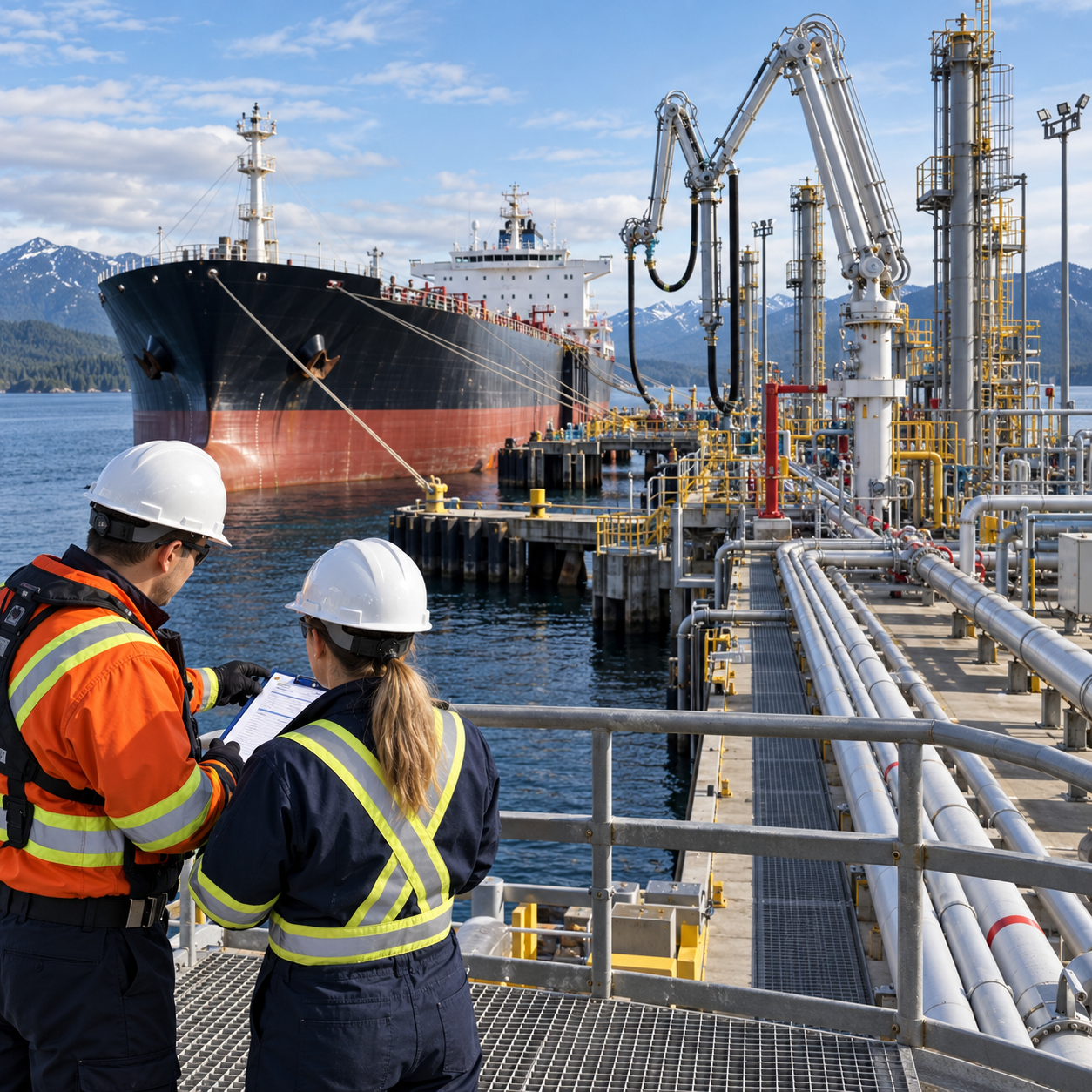 Instructor and trainee reviewing a safety checklist at a marine tanker terminal