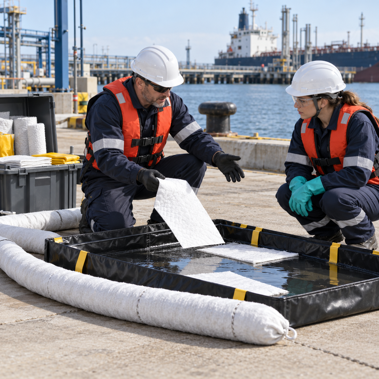 Marine trainees practicing oil spill response with a containment boom and absorbents