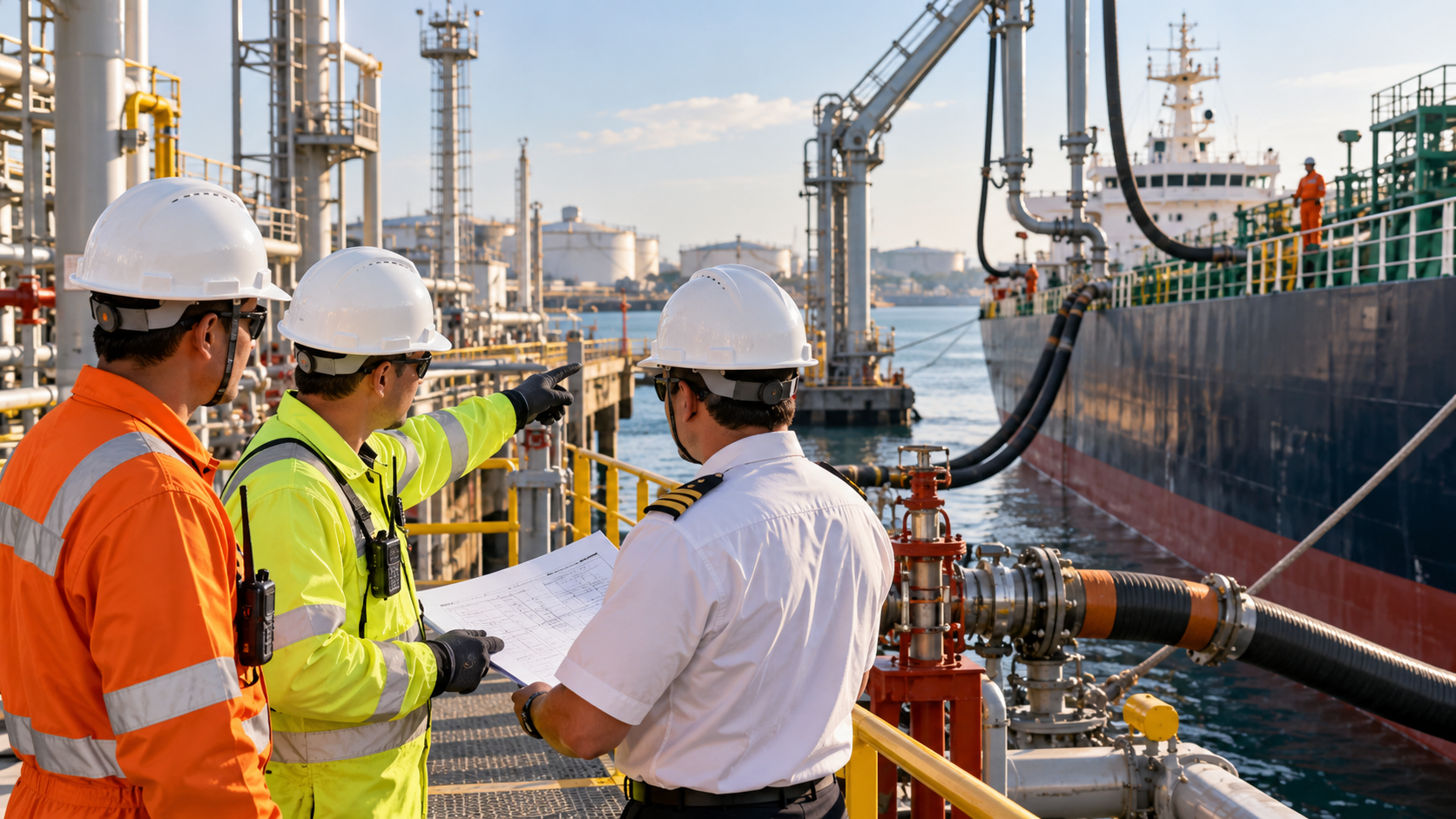 Oil and chemical tanker at marine terminal at sunset