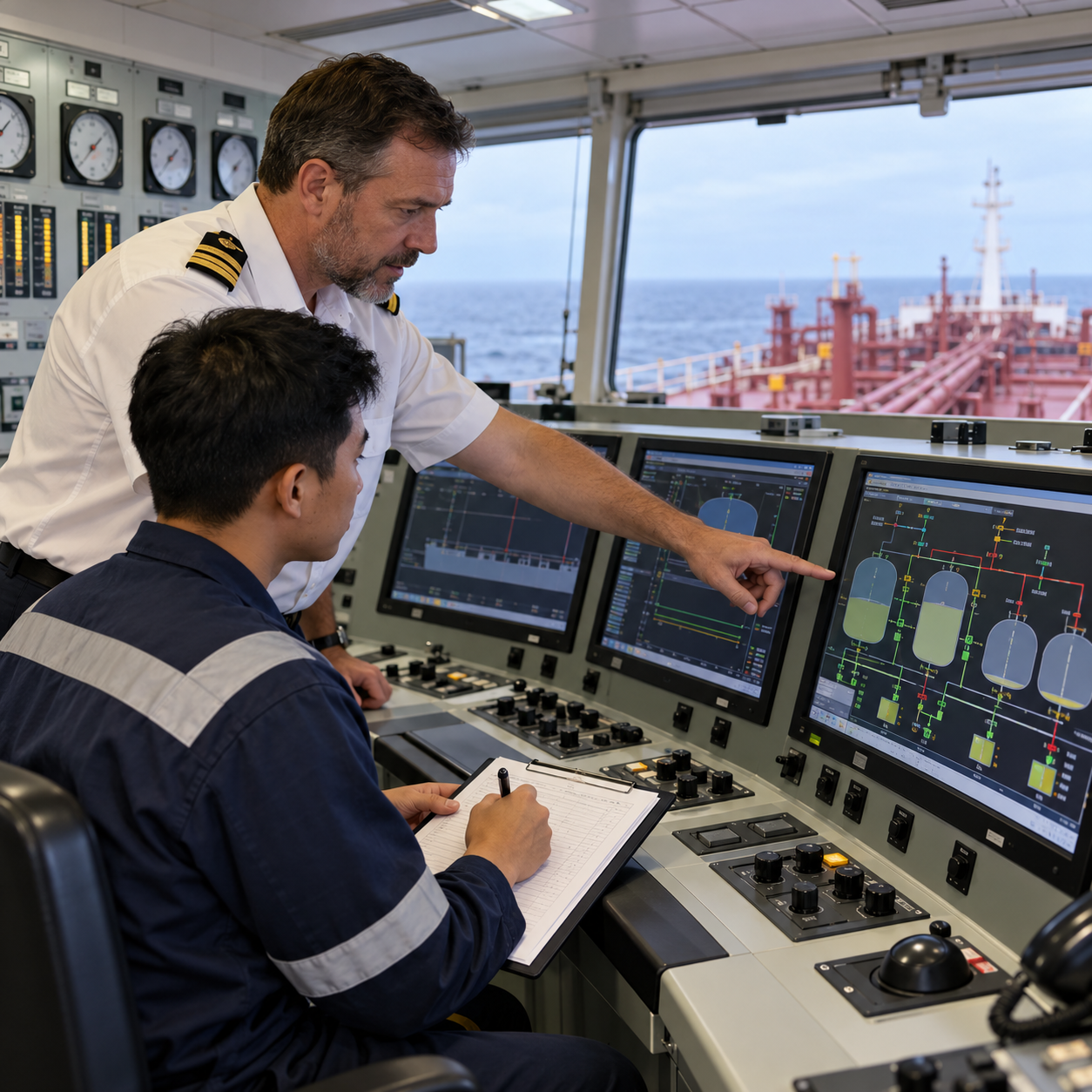 Master mariner instructor teaching cargo transfer operations in a tanker control room